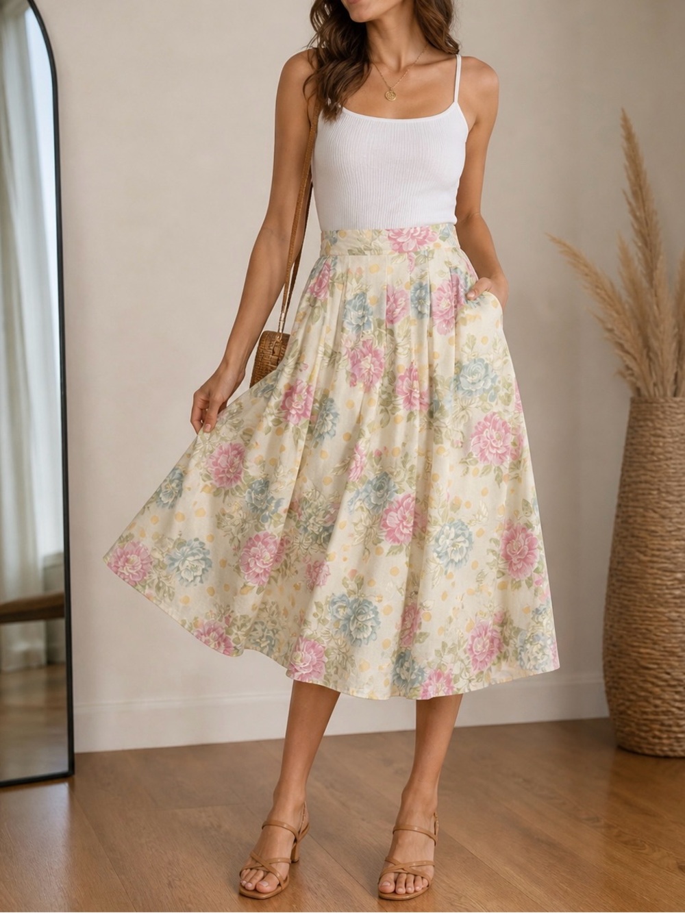 Vintage Floral Midi Skirt Size 8 Pastel Cottagecore High Waist Pleated Summer